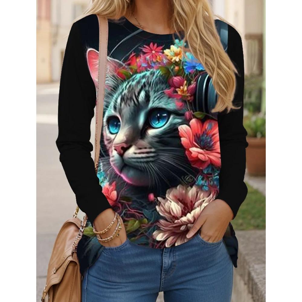 

Women s T-shirts Cat Print Long Sleeve Daily Fashion Comfortable Funny Round Neck Spring Fall Colorful Casual T-shirt 5XL