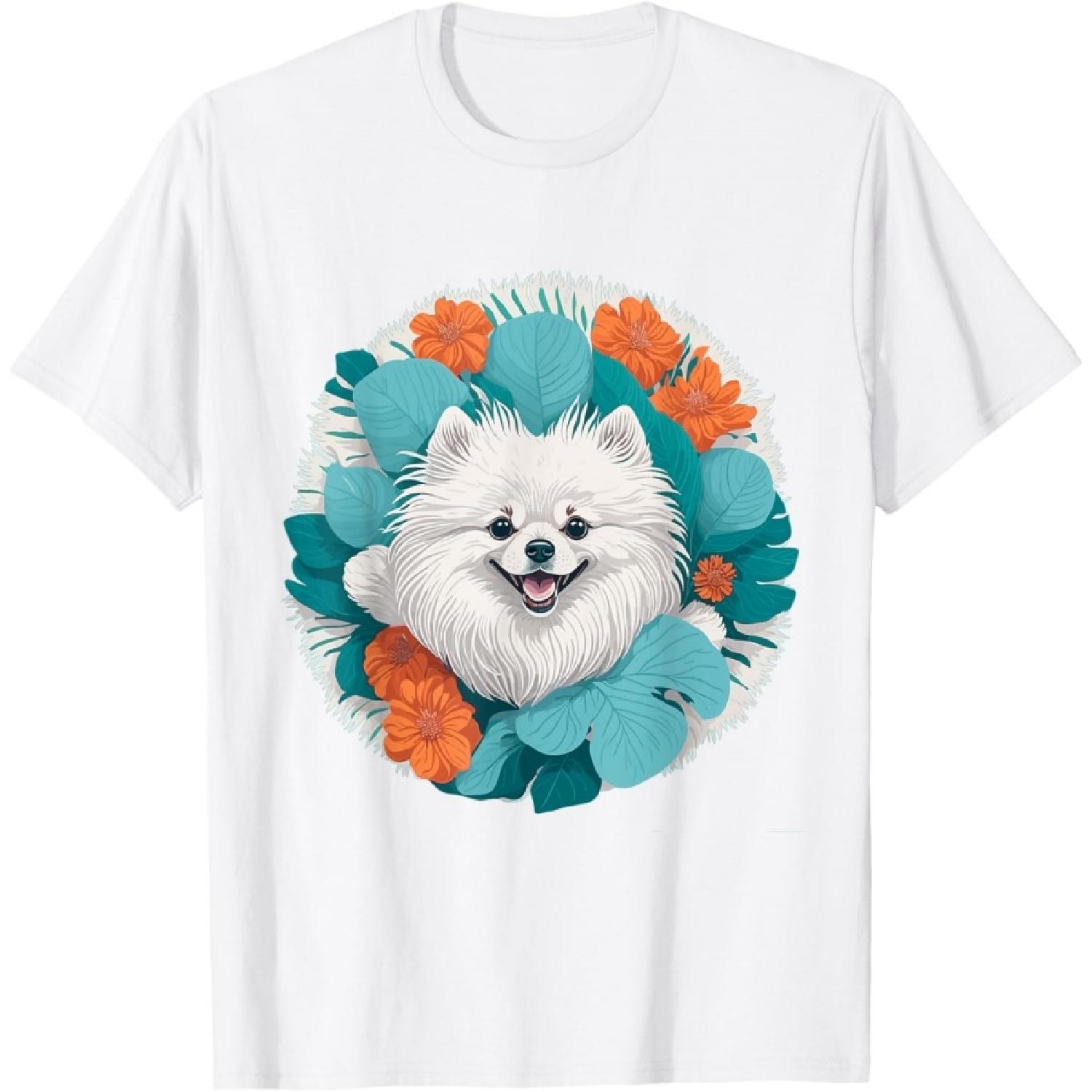 Dog Lover Women Smiling White Pomeranian Flowers Floral T-Shirt S