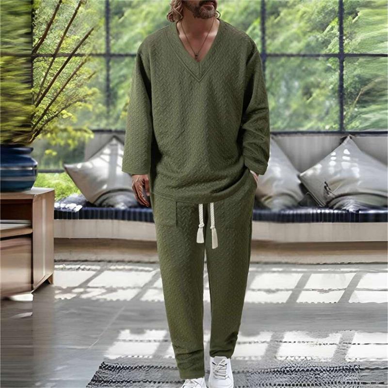 Autumn Casual Men's Textured  Solid Color V-neck Pullover Short Sleeve Drawstring Pocket Trousers Set