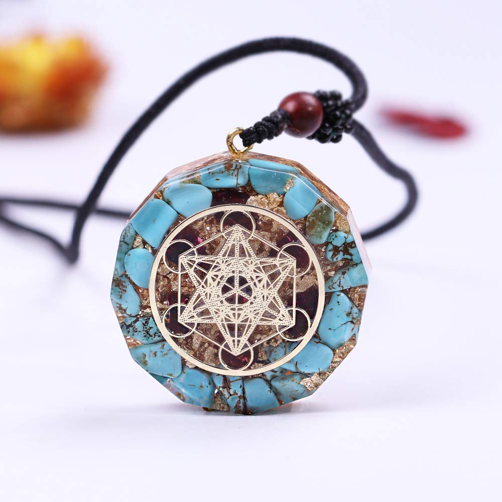 Orgone Metatron Cube Merkaba Pendant Necklace, Om Crystal Stone Orgonite Pendant, Orgonite Chakra Necklace for EMF Protection (Blue, Adjustable Chain)