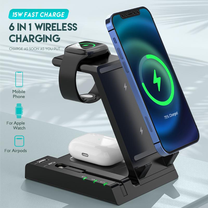 

D2 6 in 1 Wireless Charger Dock Station with Type-C Port [Support Wireless and Wired Output] Black