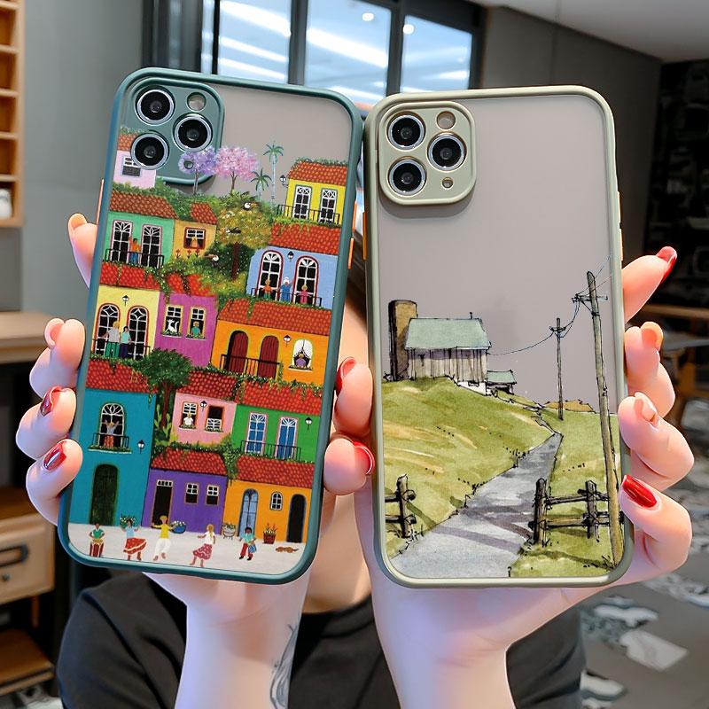 Cartoon Colourful Anime Painted House Scenery Phone Case For iPhone 16 15 14 13 12 11 Pro Max 7 8 Plus SE2020 X XR XS Back Cover