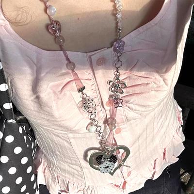 Y2K Schmuck Rosa Herz Polka Dot Blume Anhänger Halskette für Frauen Vintage Kawaii Accessoires Kette Punk Koreanische Mode Halskette