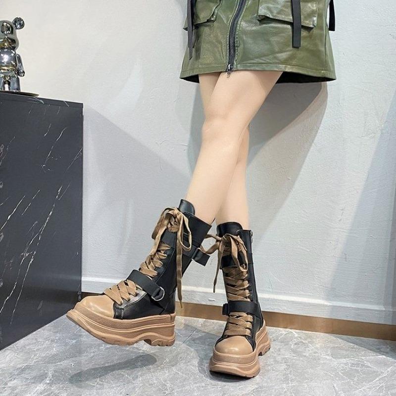 Height Increase Round Toe with Laces Half High Boots for Women Autumn Winter New Rock Fleece-Lined Platform Mid Calf Shoes Woman