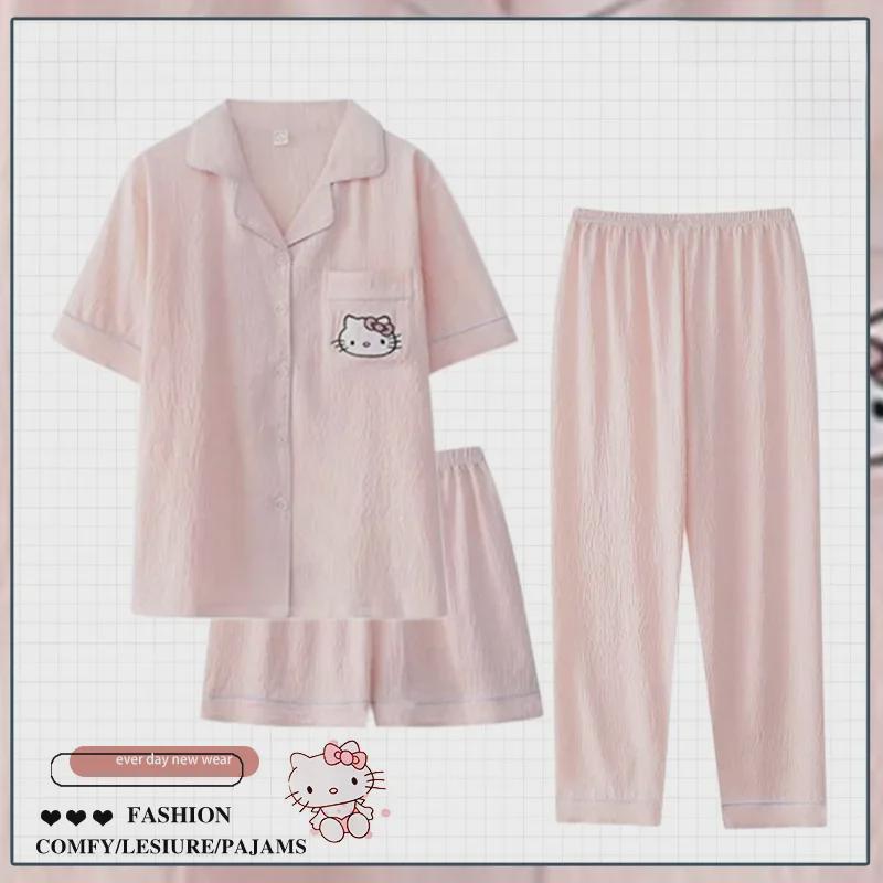 Dopamin Pembesi Çizgili Yazlık Pamuk Krep Pijama Takımı - Kadın Kısa Kollu Üç Parça