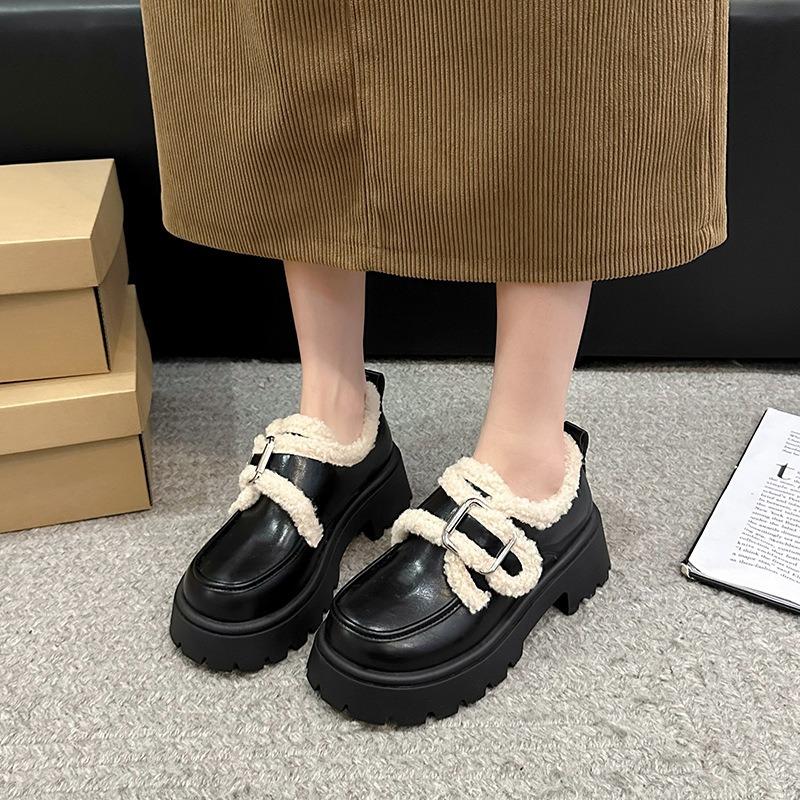 Retro velvet small leather shoes for women's autumn and winter new thick-soled Mary Jane cotton single shoes