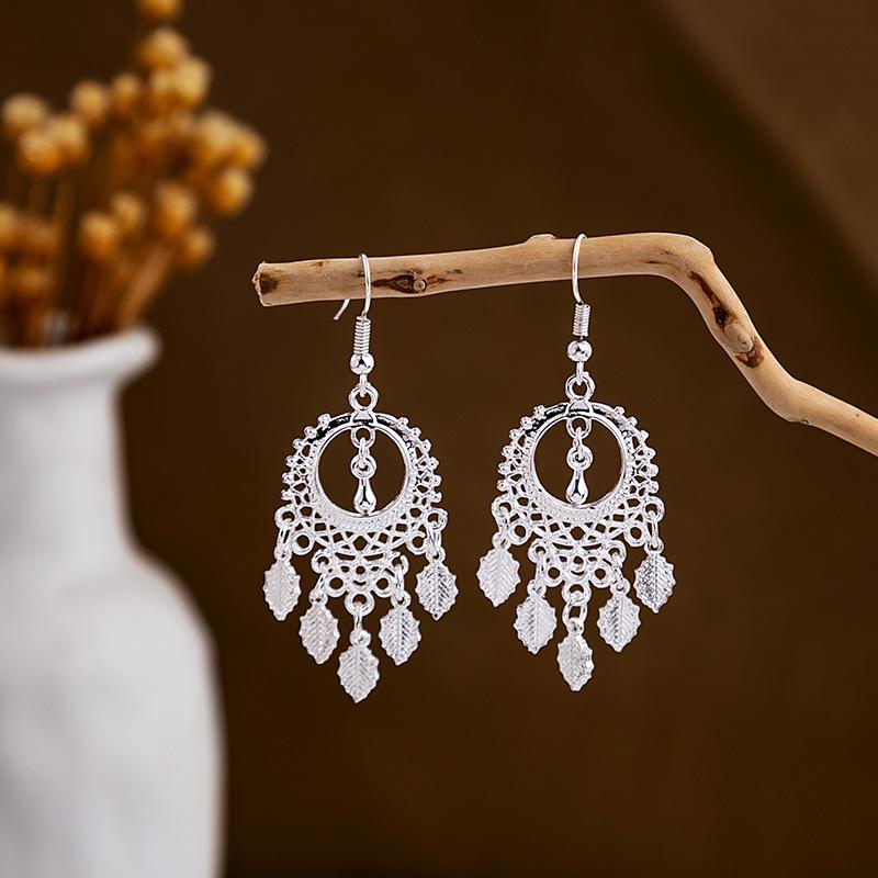 Ethnic Miao Silver Style Long Tassel Earrings with Ancient Scenic Stud Design for Women