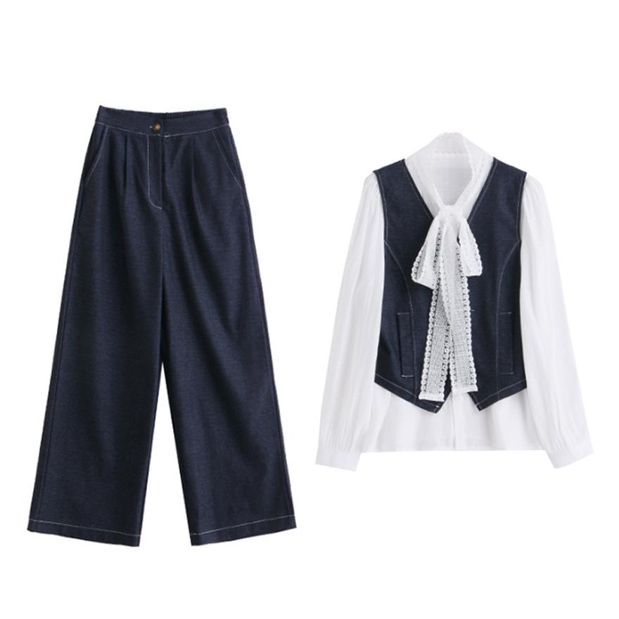Fashion professional temperament vest denim suit women's spring new Korean version loose and thin wide-leg pants three-piece set