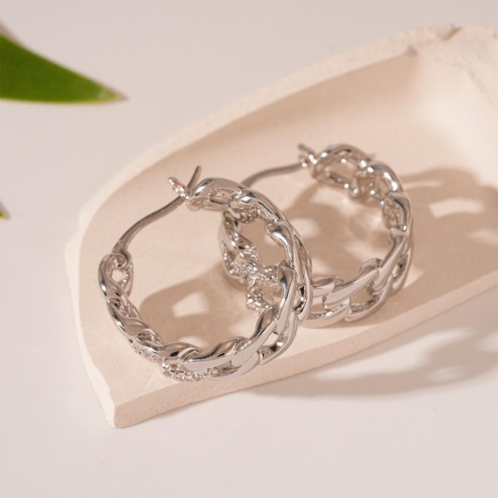 Exquisite Fashion Micro-inlay Zircon Geometric Hollowed-out Chain Hoop Earrings for Women Stainless Steel Daily Wear Jewelry