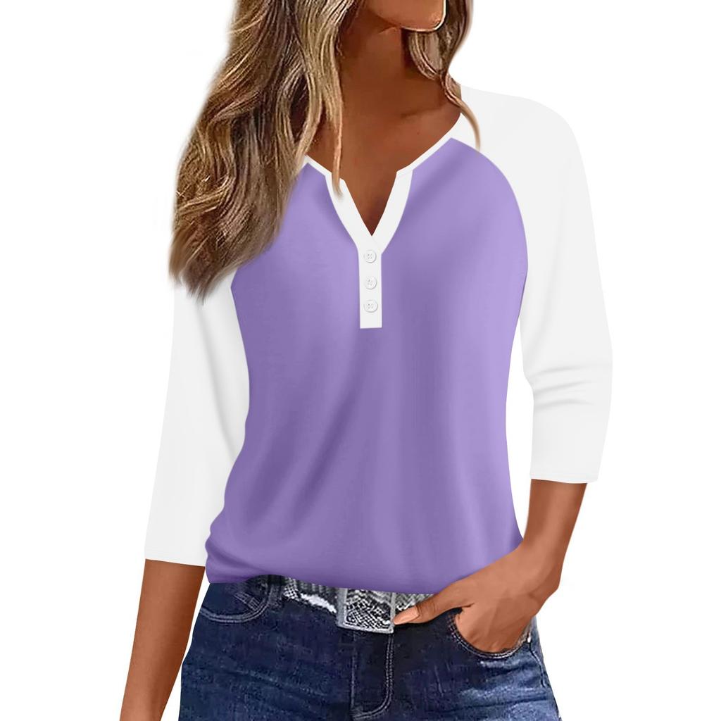 Women's Fashion Casual Raglan Sleeve Colorblock V-Neck Three-quarter Sleeve Decorative Button T-shirt Top