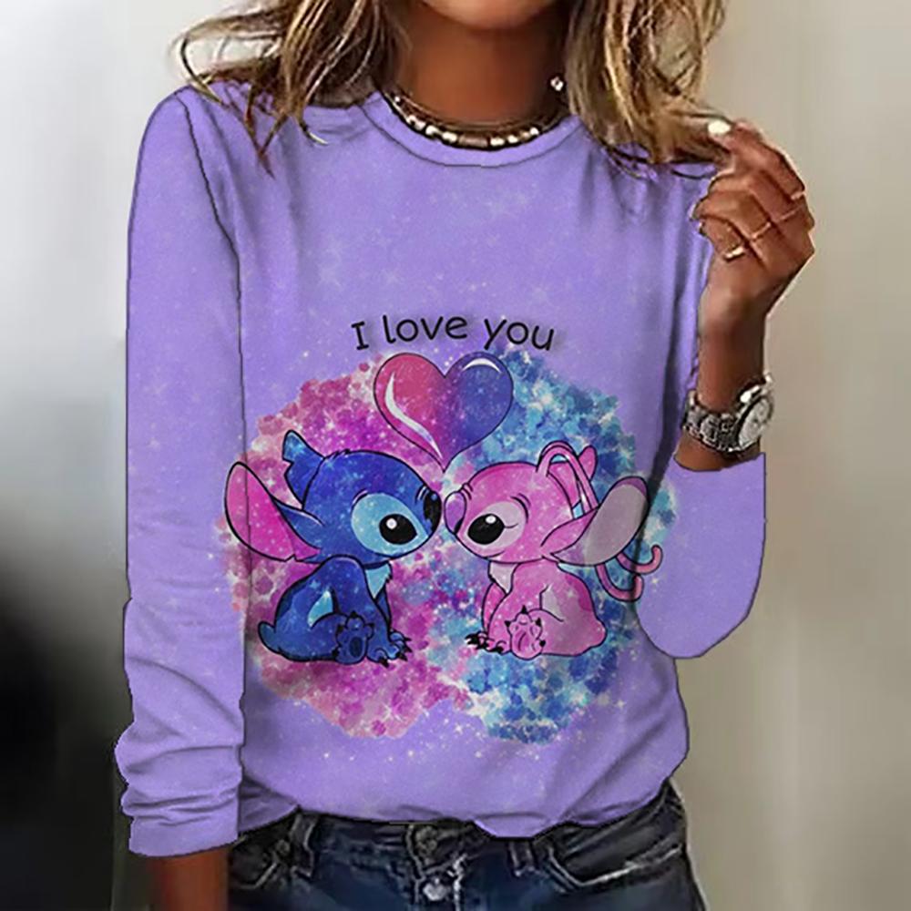 New women's round neck T-shirt long sleeved top Disney Christmas Stitch print fashionable and trendy women's T-shirt top for aut