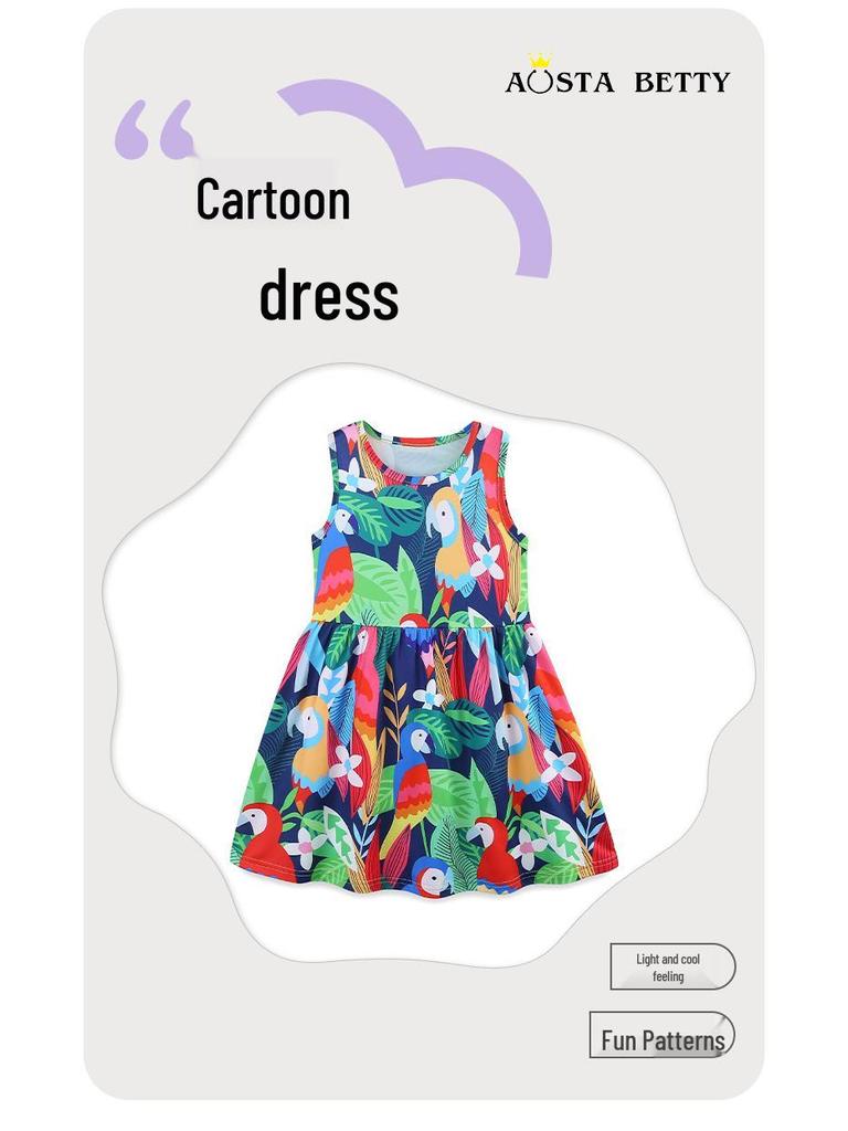 Dziewczęca sukienka księżniczki w stylu europejskim i amerykańskim z kwiatowym wzorem – krótki rękaw, okrągły dekolt, modna na lato