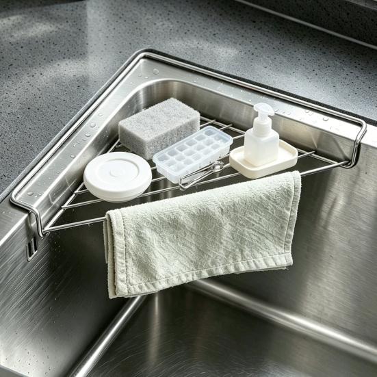 Eckgeschirrkorb Spülbeckenregal Dreieckiges Lagerregal, Hohlgeflecht aus Edelstahl Kleiner Raum Stabil Platzsparend Schwammhalter für Küchenarbeitsplatte