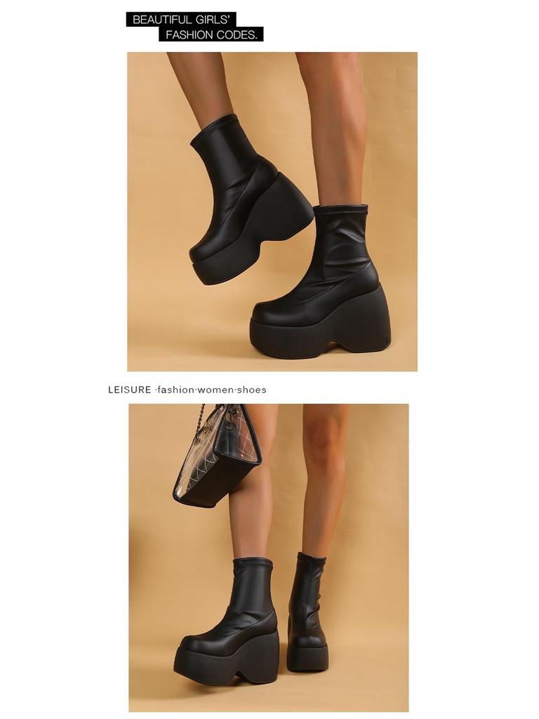 Stivaletti alla caviglia in pelle con plateau a zeppa suola spessa punta quadrata Donna 2022