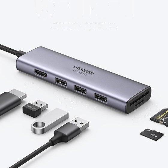 Ugreen USB-C Multiport Hub: 6-in-1 Adapter with Triple USB 3.2, 4K HDMI, SD/TF Reader - Model CM511 (Grey)