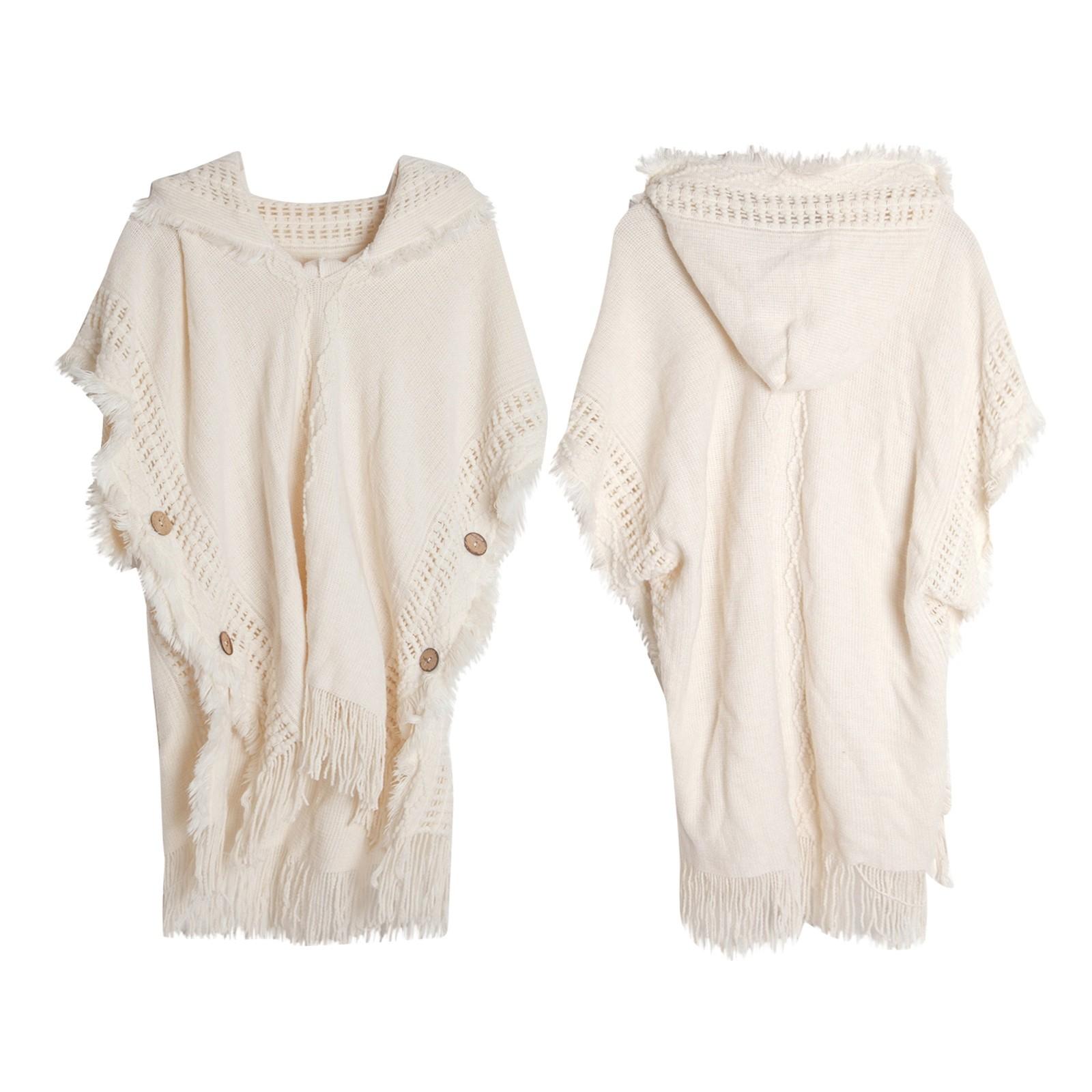 

Женская шаль на пуговицах в стиле бохо с бахромой, вязаный пуловер, накидка с капюшоном One Size бежевый