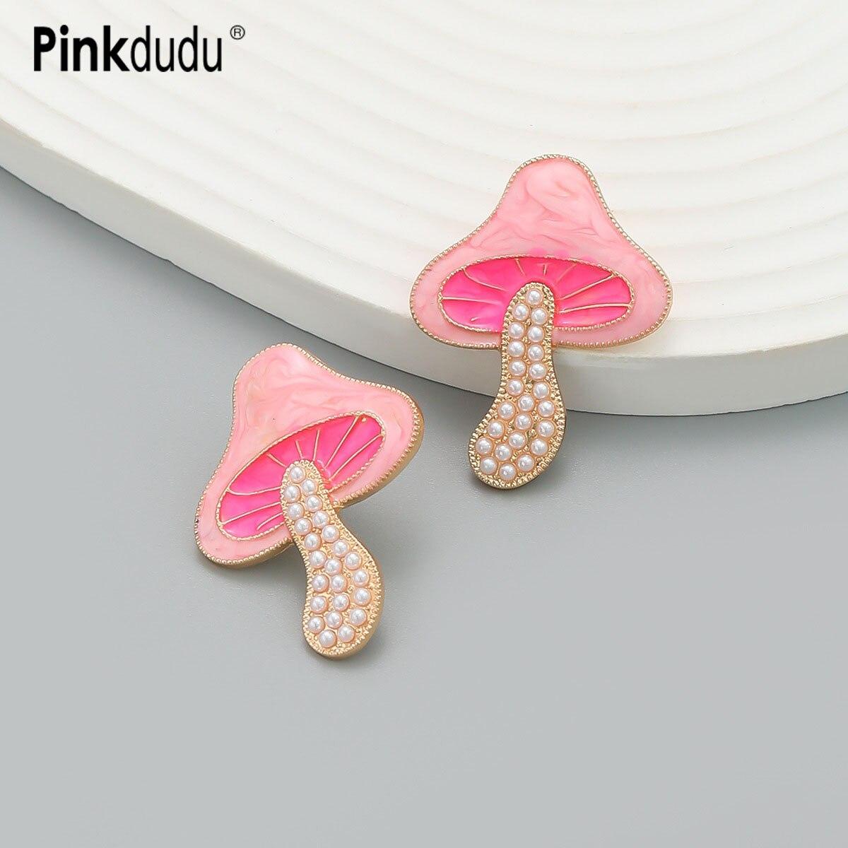 

Pinkdudu, новые летние 3 цвета, серьги-гвоздики в виде грибов, милые розовые серьги с имитацией жемчуга, эмалью для женщин, ювелирные изделия PD1526
