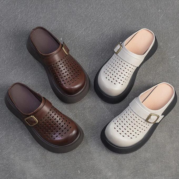 Johnature Sandales pour femmes, semelles épaisses, bout rond, ajourées, respirantes, en cuir véritable