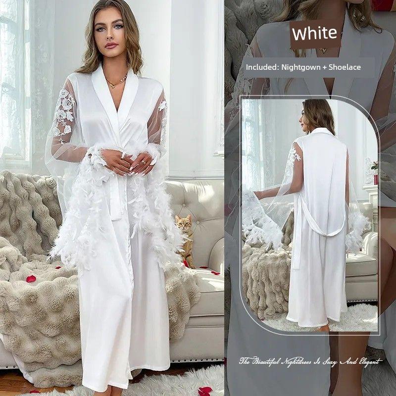 

2025 New Arrival Artificial Silk Sexy Nightgown/Three-Dimensional Embroider Women Bathrobe/Feather Cuff Home Wear White L