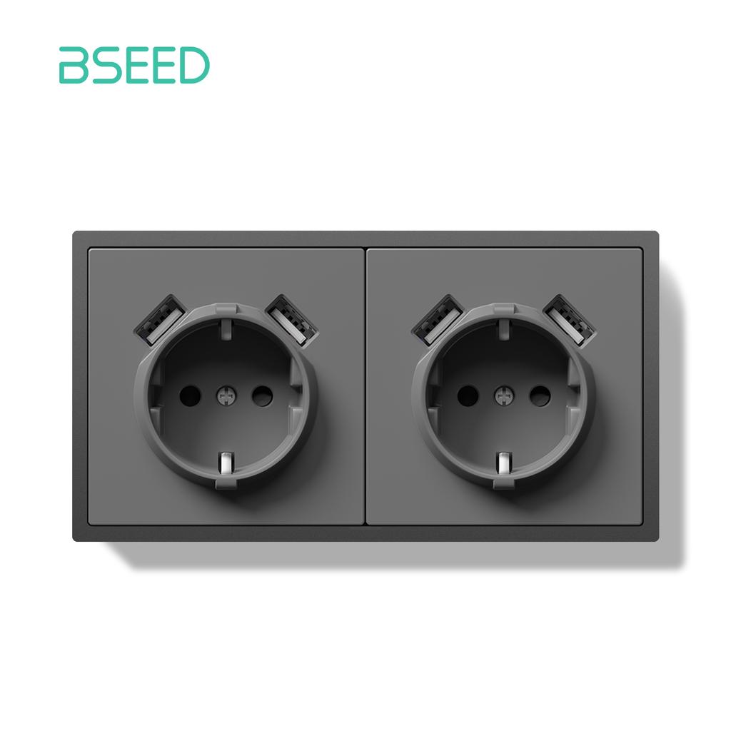 BSEED EU Large Button Wall Switches 1/2Gang 2Way 16A Wall Power Sockets Dual USB Phone Charge Port 5V Gray Home E-Series