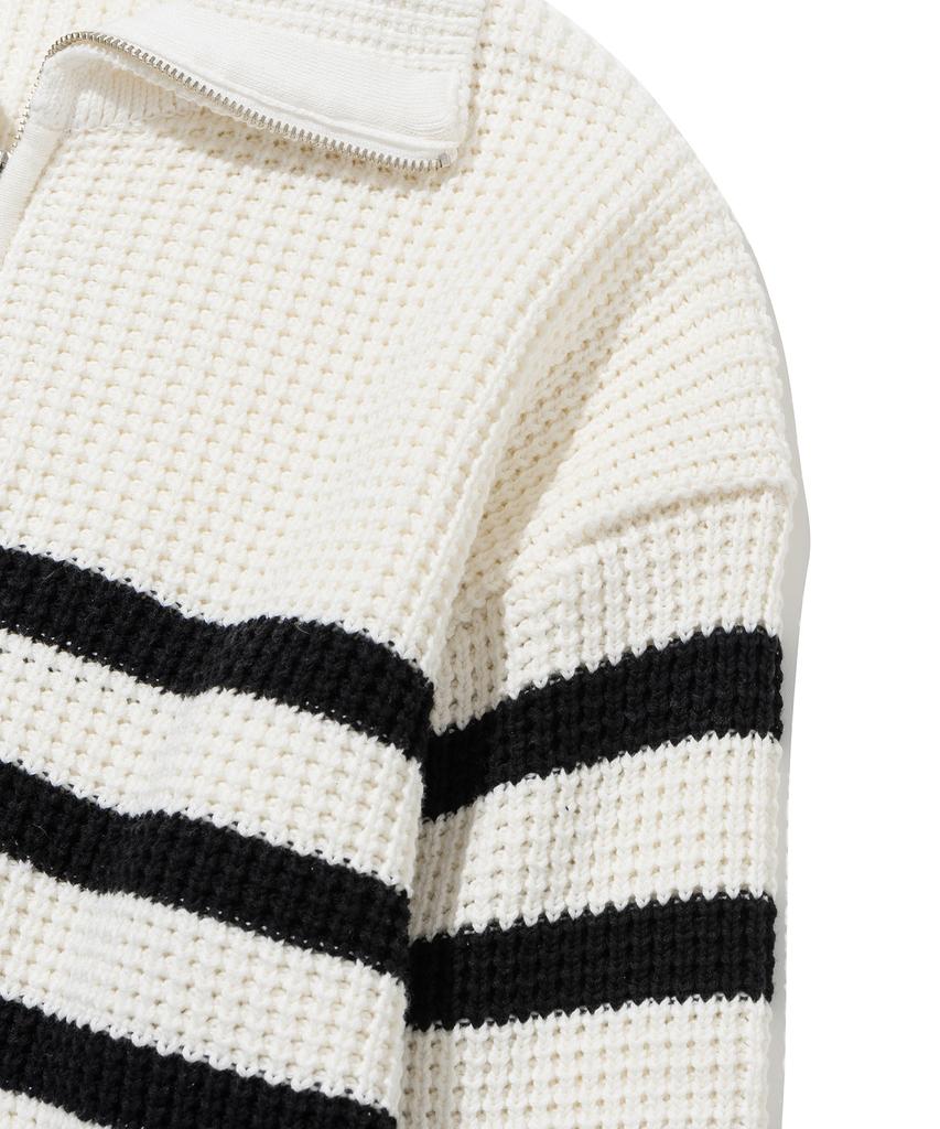 KNITTED Soft Cotton Heavy Waffle Half Zip Knit Stripe Ivory