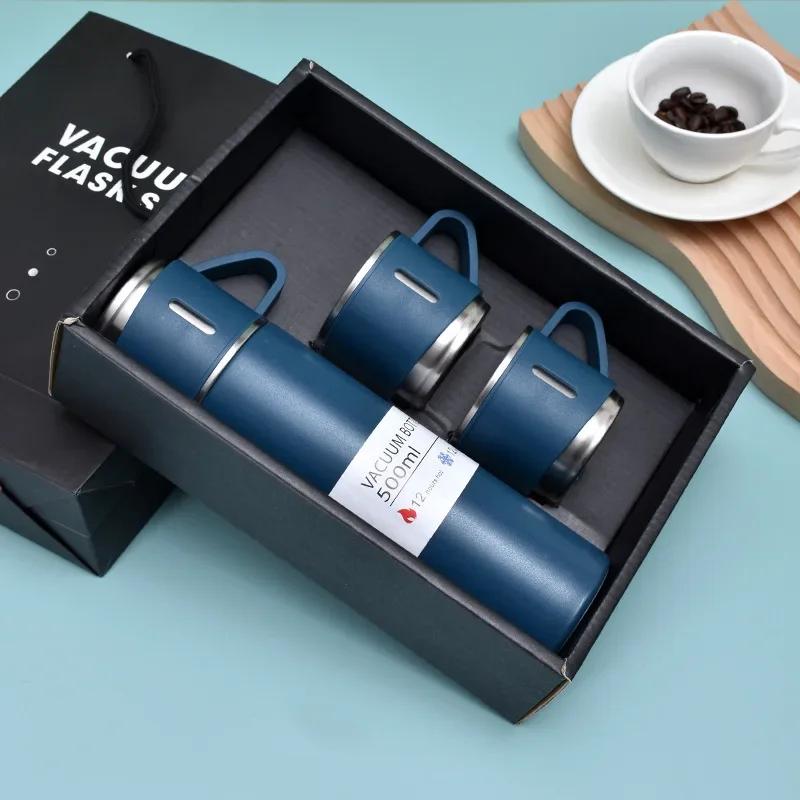 500ML 3-Tassen-Deckel Outdoor Heißwasser Thermoisolierung Neue Edelstahl-Vakuumflasche Geschenkset Thermoskanne Business-Stil