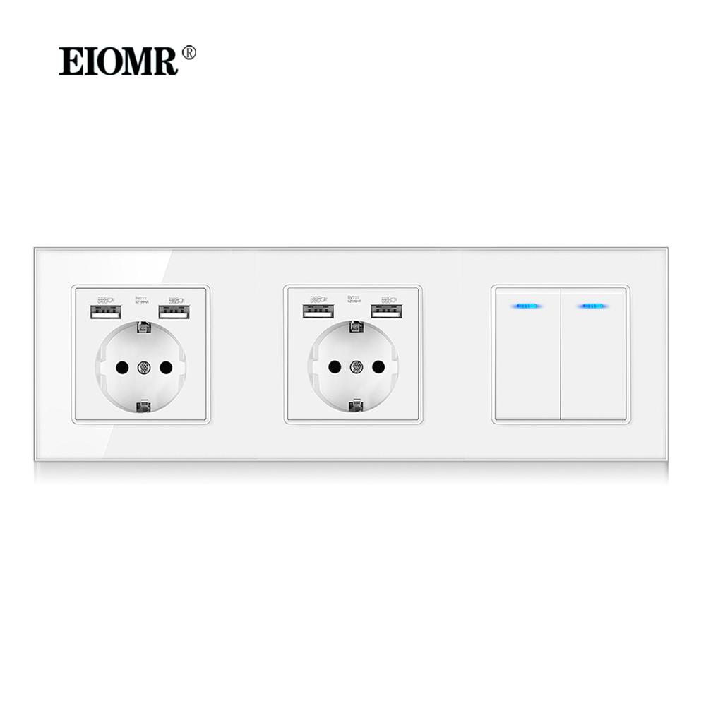 EIOMR EU Standard 16A Tempered Crystal Glass Panel Wall Socket Power Outlet Electrical Plug with Usb 5V 2100mA Ac110-250V White
