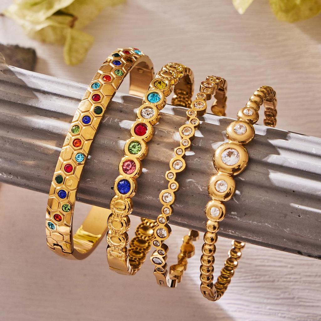 18k Gold-Plated Geometric Zirconia Enamel Bracelet Set