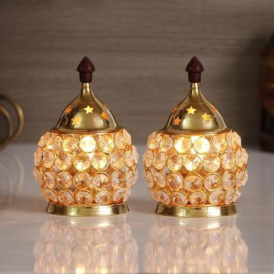 Set of 2 Golden Brass and Crystal Akhand Diya for Puja - Diya for Diwali, Navratri - Brass Diya for Pooja Room, Home Temple Decor