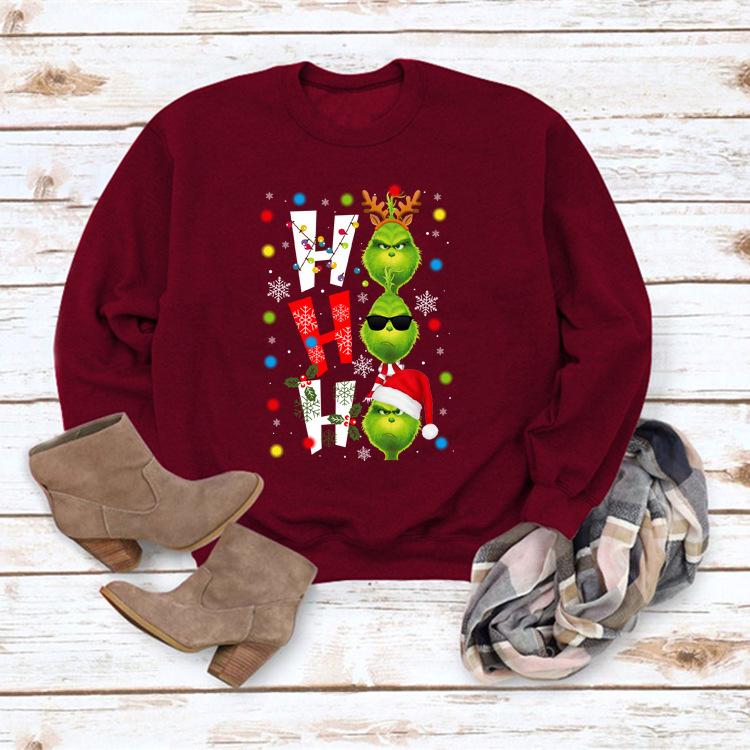 HO HO HO Cartoon Christmas Women's Casual Loose Long Sleeve Round Neck Hoodie