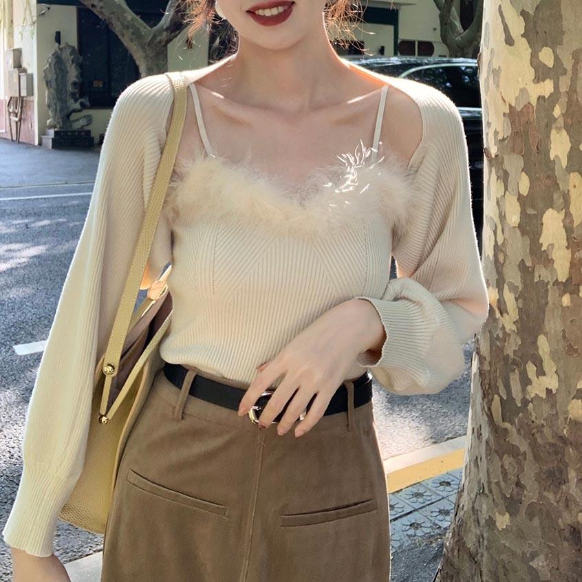 Two- Piece Sweaters Women Korean Fashion Long Sleeve Knitted Cardigan Woman + Fluff Camisole Sweet Camisole Female  C-036