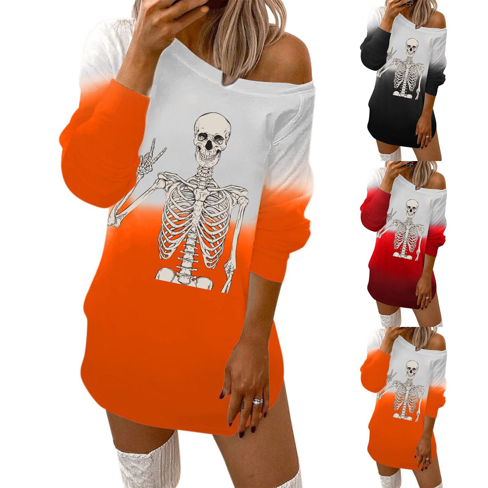 

Модный женский осенне-зимний повседневный топ с длинным рукавом с круглым вырезом и принтом на Хэллоуин