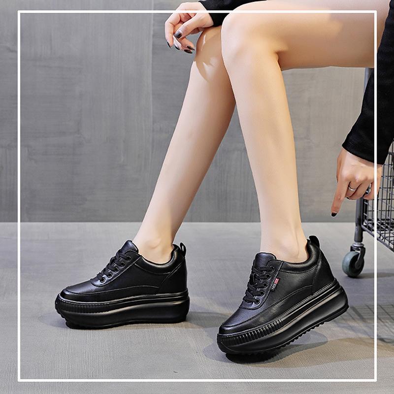Fashion Spring Autumn Genuine Leather Shoes Women Fashion Sneakers Ladies Flat Platform Black White Shoes Height Increasing 8cm D568