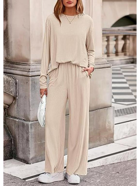 Women's Autumn 2-Piece Set: Long Sleeve Ribbed Knit Top & Wide Leg Pants - Casual & Postpartum Wear