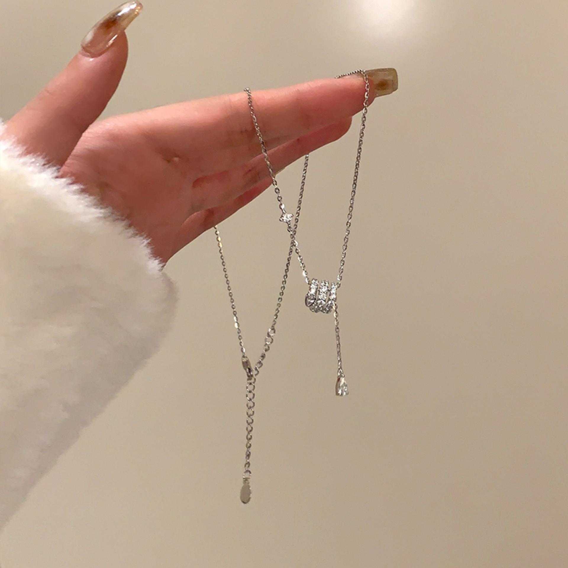 

S925 Sterling Silver Snake Necklace with Water Drop Tassel & Inlaid Diamonds - Women s Versatile Clavicle Chain 925 Silver платиновый