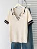 2026 Plus Size Women's Color Block Polo Collar Ice Silk Knit Short Sleeve Top