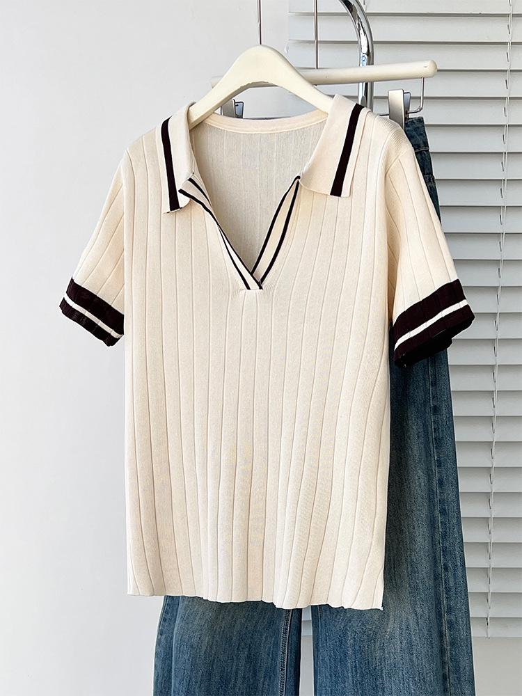 2026 Plus Size Women's Color Block Polo Collar Ice Silk Knit Short Sleeve Top