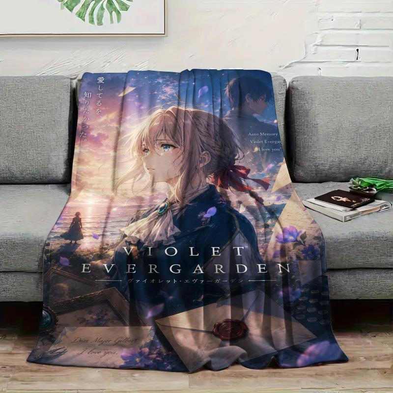 Violet Evergarden Letter Theme Anime Flannel Throw Blanket, Soft Blanket for Sofa Bed, Anime Print Home Decor