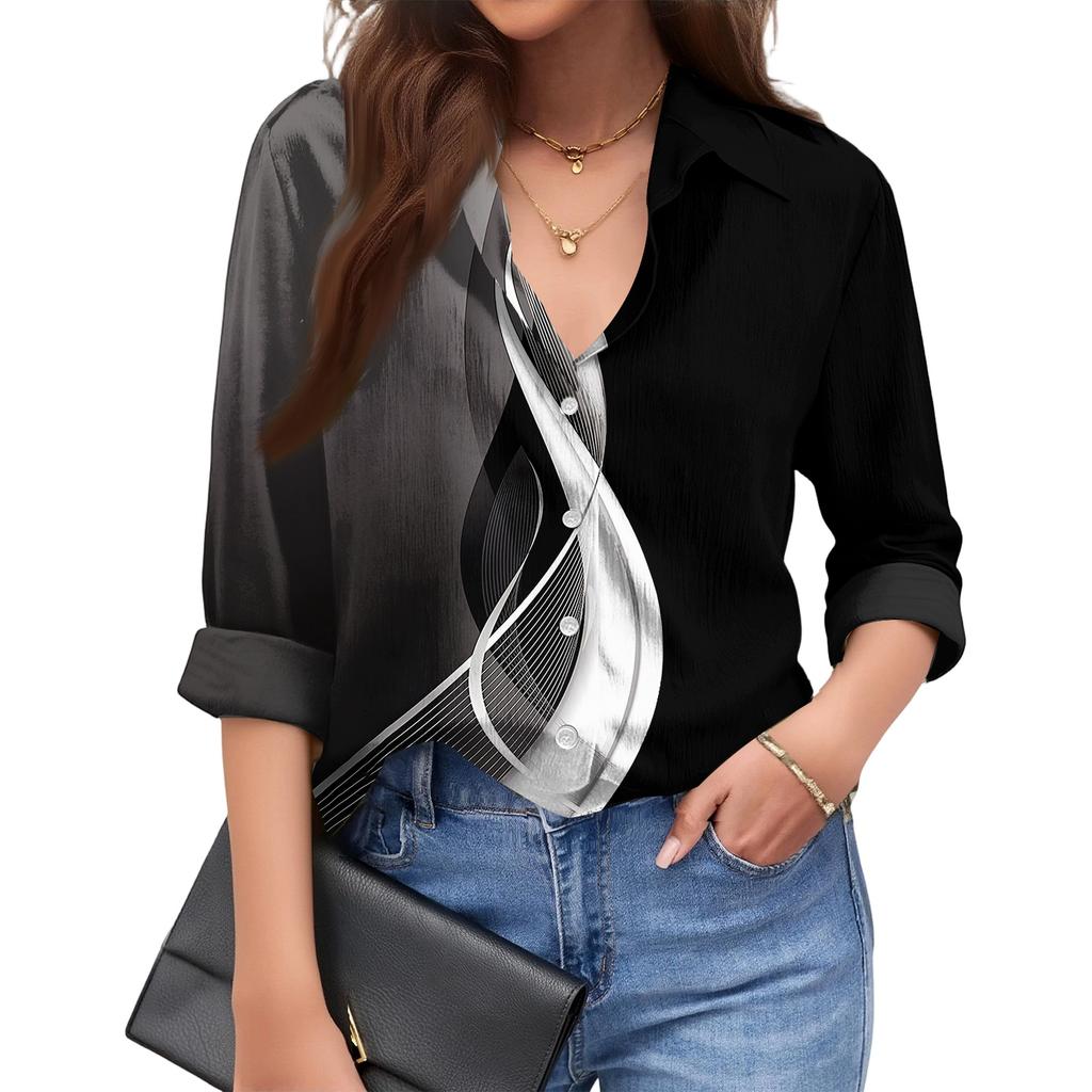 Women's Fashionable Casual Loose Geometric Patchwork Print Long-sleeved Shirt