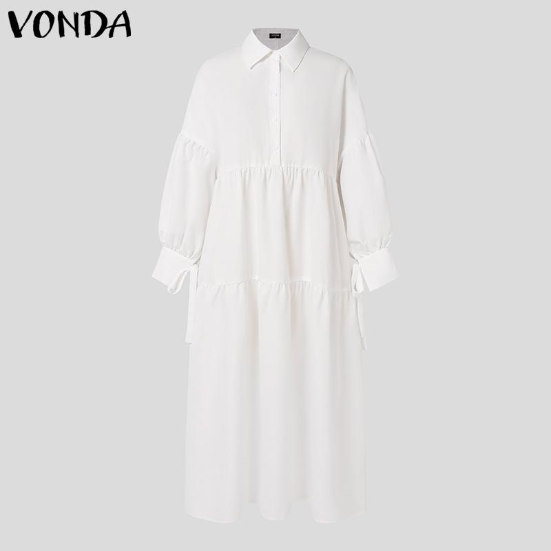 VONDA Elegant Women Lapel Neck Long Sleeve Casual Long Shirts Dress