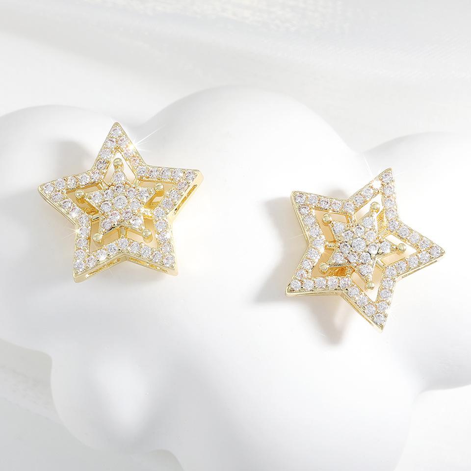 European and American New Products: Luxurious and Exaggerated Copper Zircon-set Five-pointed Star Studs, Eco-friendly Full Diamond Ultra-sparkling