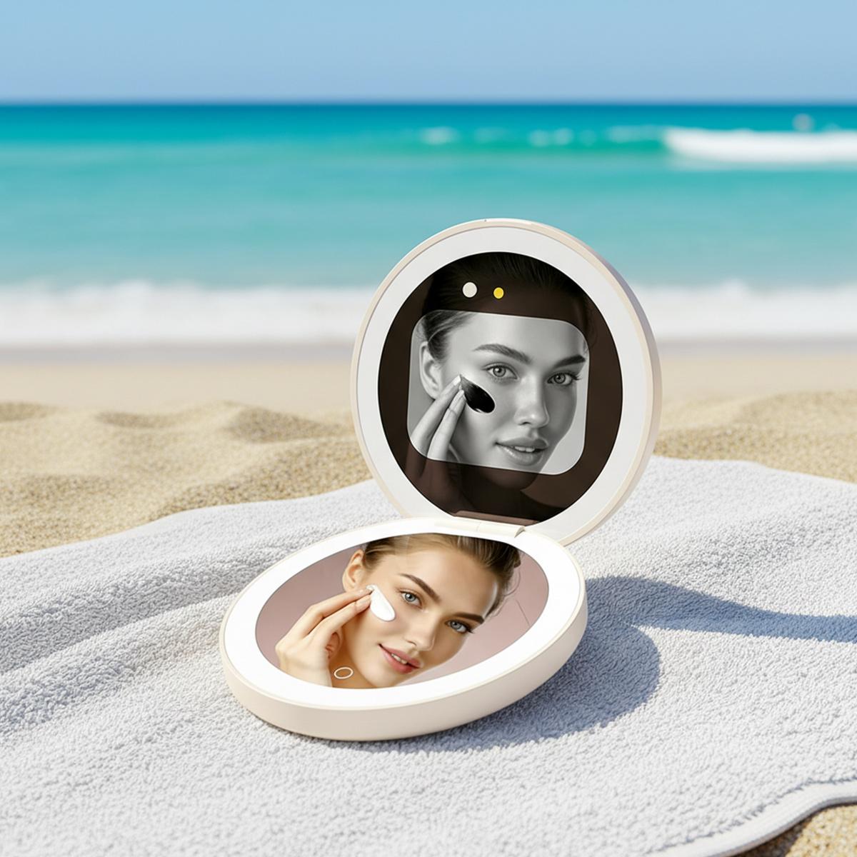 Mini Pocket Makeup Mirror With LED Light Compact Handheld Cosmetic Mirror Portable Smart UV Sunscreen Test Mirror 1W