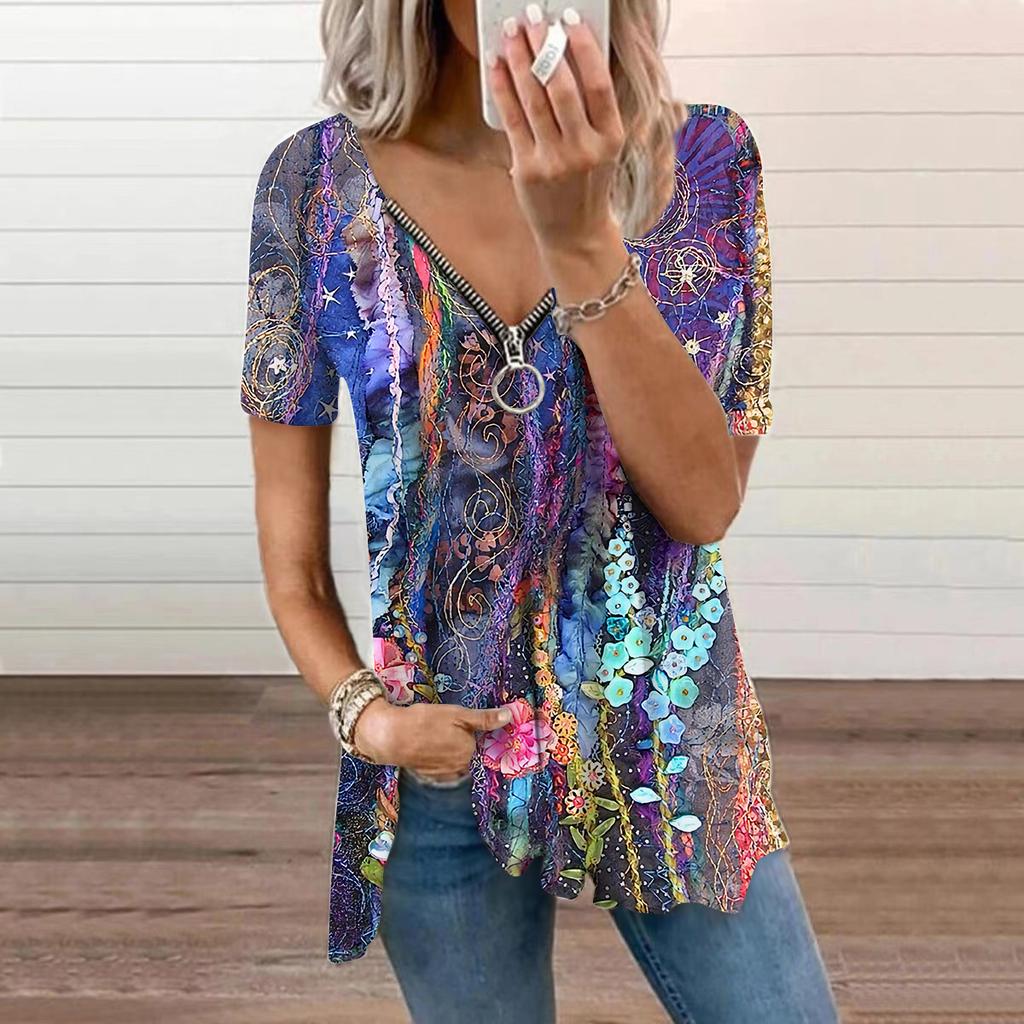 Women's Top Summer New Fashion Green Seaweed Printed Casual Zipper V-neck Short Sleeve Top