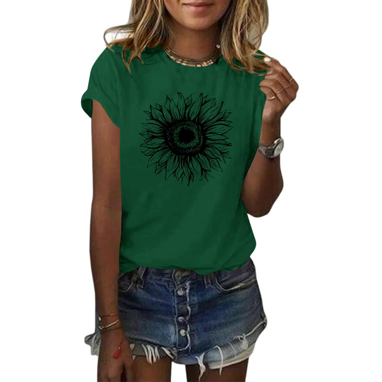 

Women s Fashion Short Sleeve T-Shirt Sunflower Pattern Loose Summer Tops XXL