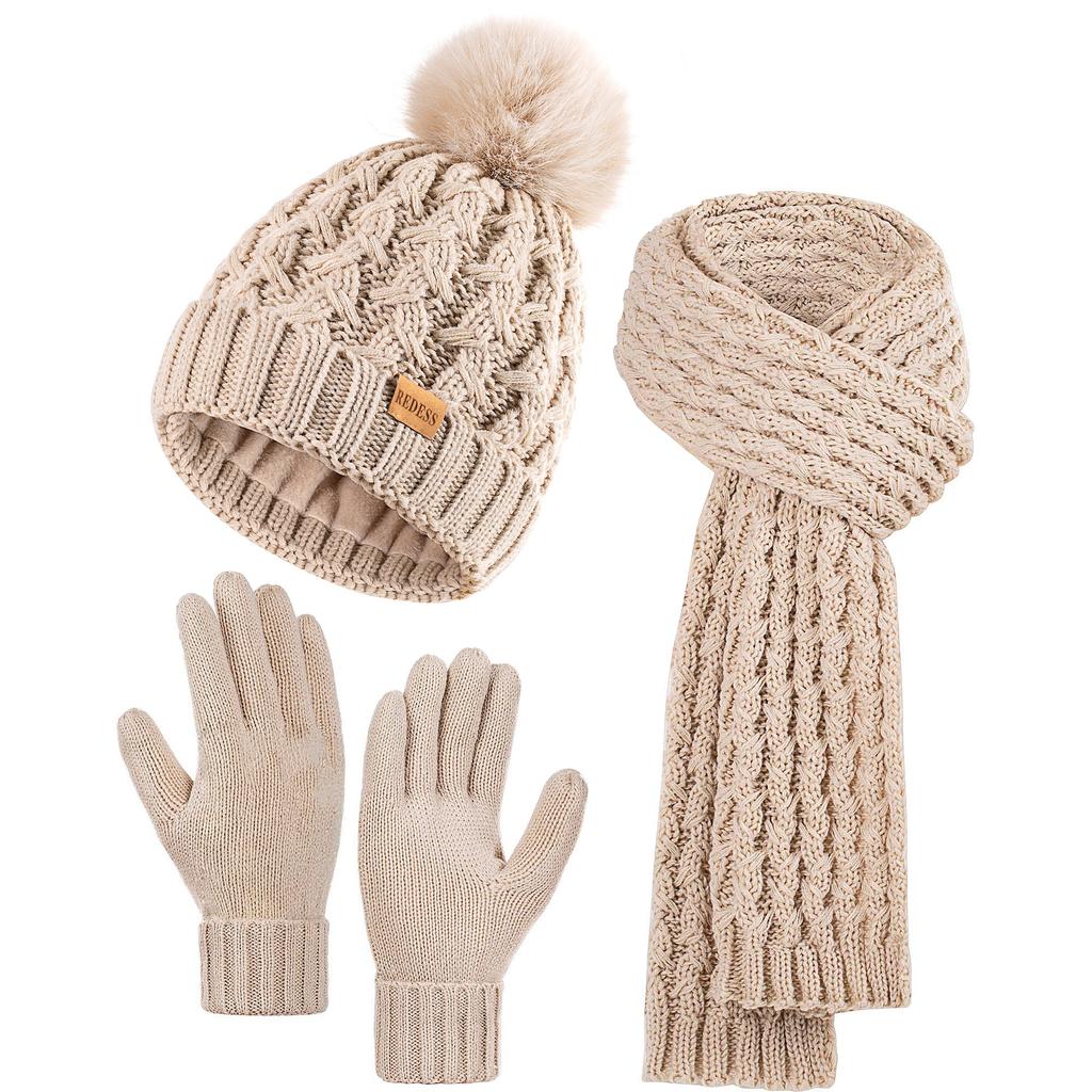 Winter women's knitted wool ball cap, thick long scarf, elastic gloves, three-piece set, casual and warm, suitable for winter