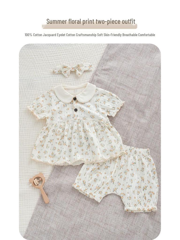 Summer Baby Girls' Floral Cotton Two-Piece Set: Breathable, Ultra-Thin Short Sleeve with Expanded Diaper Area for Infants