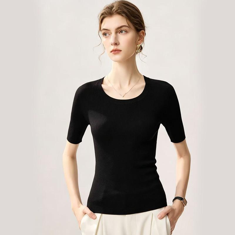 Womens 100% Wool Short Sleeve Sweater Slim Fit Round Neck Thin Knit Top
