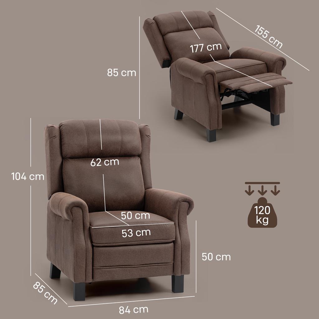 Manual Reclining Relax Armchair Up To 155 Degrees Push Open With Footrest High Back Thick Padding Brown