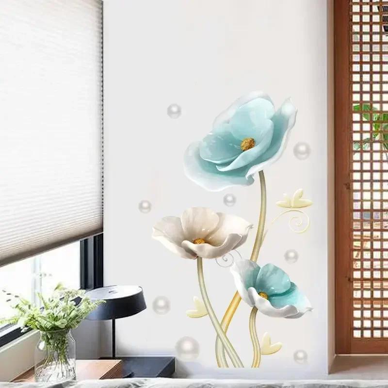 New Blue Lotus Wall Stickers Large DIY Decorative Stickers Living Room Home Decor Flowers Wall Decals Bedroom Art Design