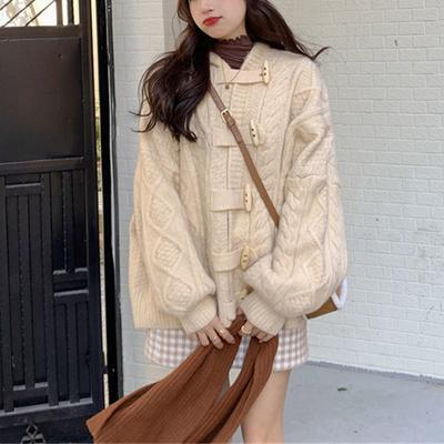 . Corner Buckle Hooded Cardigan Sweater Women's New Autumn and Winter Models, Increase Warmth, Loose Lazy Wind Knitted Sweater